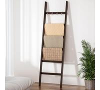 Cozivolife Blanket Ladder 6-Tier,Bamboo Towel Rack with 2 Anti-Tip Straps and 4 Hooks, Easy Assembly Wall-Leaning Rack, Rustic Decorative Farmhouse Storage Shelf (Brown)