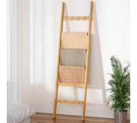 Cozivolife Blanket Ladder 6-Tier,Bamboo Towel Rack with 2 Anti-Tip Straps and 4 Hooks, Easy Assembly Wall-Leaning Rack, Rustic Decorative Farmhouse Storage Shelf (Natural)