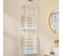 Cozivolife Towel Rack Bamboo for Bathroom, 3 Tier 32.7 inch with 2 Hooks and Shelf Wall Mounted Storage Organizer Shelf, Large Capacity Holder (White)