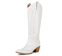 Cozivwaiy Cowboy Boots for Women Knee High Embroidered Western Cowgirl Boots Pointed Toe Chunky Heel Retro Country Boots Pull On Zipper Vintage Tall Boots 8.5