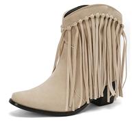 Cozivwaiy Fringe Cowboy Boots for Women Square Toe Pull On Chunky Heel Ankle Western Booties