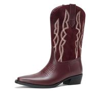 Cozivwaiy Women’s Cowboy Boots Western Mid Calf Embroidery Patchwork Suede Cowgirl Boot Block Low Heel Country Concert Boots for Women, Claret, 4.5 UK
