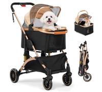 Coziwow Dog Stroller for Pets, One Hand Fold Puppy Stroller with 6 Shock Absorbers, Removable Cabin & Storage Basket, 4 Wheels Dual Brakes, Rose Gold + Black