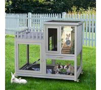 COZIWOW Double Layers Durable 38In Rabbit Hutch Indoor on Wheels, Small Animal Houses Habitat, Rolling Large Bunny Cage Outdoor with Removable Tray, Ramp, Two Story Bunny Cage（Grey with Pattern）