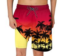 Cozople Boys Swim Trunks Compression Liner Swim Shorts Quick Dry Bathing Suit with Boxer Brief Swimwear 2-20T, Aa Palm Tree Red, 10-12 Years