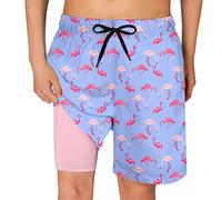 Cozople Boys Swim Trunks Compression Liner Swim Shorts Quick Dry Bathing Suit with Boxer Brief Swimwear 2-20T, Flamingo 01, 10-12 Years
