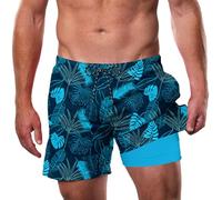 Cozople Men's Swim Trunks 5.5''Compression Liner Swim Shorts Quick Dry Boxer Brief Lined Swimwear Bathing Suits, A-tropic Palms Blue, L