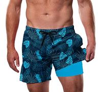 Cozople Men's Swim Trunks 5.5''Compression Liner Swim Shorts Quick Dry Boxer Brief Lined Swimwear Bathing Suits, A-tropic Palms Blue, L