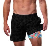 Cozople Men's Swim Trunks with Compression Liner 5.5" Inseam Quick Dry Bathing Suit Boxer Brief Lined Swim Shorts Swimwear, A-black Palm Tree, M