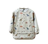 Cozozn Baby Weaning Bib Long Sleeves Toddler Feeding Bibs with Arms Plastic Back Waterproof Coverall Weaning Bib 4-6 Years, Dinosaurs Beige