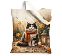 Cozy Autumn Cat Coffee Quote Canvas Tote Bag 13x15 Inch, Orange, 13x15 Inch