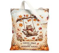 Cozy Autumn Cat Coffee Quote Tabby Canvas Tote Bag 13x15 Inch