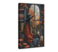 Cozy Autumn Girl Whimsy Cat Canvas Poster Bedroom Decor Landscape Office Room Decor Gift 24x36inch(60x90cm)