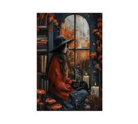 Cozy Autumn Girl Whimsy Cat Canvas Poster Wall Art Decor Print Picture Paintings for Living Room Bedroom Decoration 12x18inch(30x45cm)