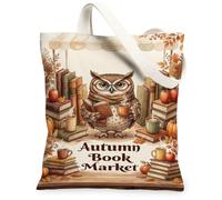 Cozy Autumn Owl Reading Quote Canvas Tote Bag 13x15 Inch, Beige, 13x15 Inch
