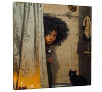 Cozy Bath Canvas Wall Art, Brown Black Woman Shower Artwork, Modern Home Aesthetic Decor for Living Room, Bathroom, Bedroom, Wrapped Canvas 12x12 Inch