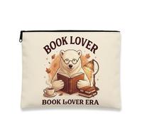 Cozy Bear Makeup Bag, Vintage Book Lover Cosmetic Travel Pouch for Adults, Portable Canvas Zipper Organizer, Autumn Gift, Beige, 7x9 Inch, Bear