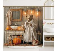 Cozy Bear Shower Curtain, Autumn Pumpkin Decor for Bathroom, Rustic Farmhouse Style Waterproof Fabric Shower Curtain with Hooks 72x78 Inch