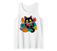Cozy Black Cat Book Lover Autumn Reading Pumpkin Leaves Tank Top