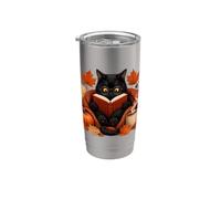 Cozy Black Cat Reading Book Autumn Coffee Pumpkin Fall Stainless Steel Insulated Tumbler