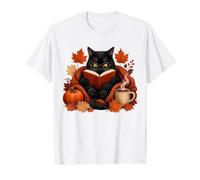 Cozy Black Cat Reading Book Autumn Coffee Pumpkin Fall Value Graphic T-Shirt, Men, White, L