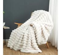 Cozy Bliss Faux Fur Throw Blanket for Couch, Cozy Warm Plush Striped Blanket for Sofa Bedroom Living Room, 50 * 60 Inches Cream White