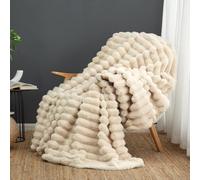Cozy Bliss Faux Fur Throw Blanket for Couch, Cozy Warm Plush Striped Blanket for Sofa Bedroom Living Room, 50 * 60 Inches Beige