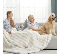 Cozy Bliss Faux Fur Throw Blanket for Couch, Fuzzy Soft Plush Thick Bubble Blanket for Sofa Bedroom Living Room, 60 * 80 Inches Cream White