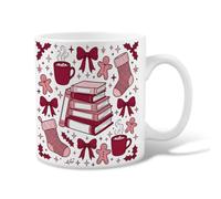 Cozy Book Lover Winter Quote Books Christmas Ceramic Coffee Mug 11oz | Gingerbread Men, Tea Cup, Knitted Stockings, Seasonal Bows, Cozy Reading Theme, Winter Aesthetic, Home Library Decor