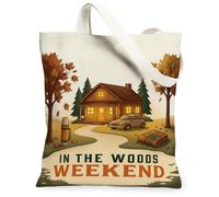 Cozy Cabin Autumn Weekend Quote Canvas Tote Bag 13x15 Inch, Beige, 13x15