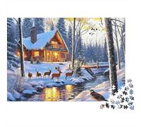 Cozy Cabin Winter Scene 1000 Pieces Puzzles Beautiful View Winter Cabin Deer Scene Home Decoration Decompression Jigsaw for Men And Women Challenging Puzzles Jigsaw Puzzles 70x50cm/1000pcs