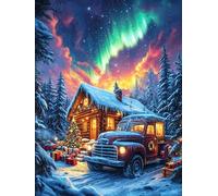 Cozy Cabin with A Truck Under The Northern Lights 300 Pieces Premium Jigsaw Puzzle Science Fiction Magical Dream Adult Jigsaws Educational Challenge Mental Exercise Wall Art Winter Rigid