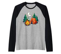 Cozy Camping Tent Campfire Pine Moon Cute Cartoon Outdoor Raglan Baseball Tee