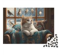 Cozy Cat by Window 1000 Piece Jigsaw for Adults Cat by Window with Birds Outside Premium Sturdy Vibrant Challenging Hard Stress Relief 52x38cm/1000pcs