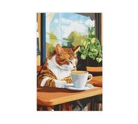 Cozy Cat Cafe Art Print Ginger Cat Drinking Coffee Canvas Poster Wall Art Decor Print Picture Paintings for Living Room Bedroom Decoration 20x30inch(50x75cm)
