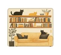 Cozy Cat Design Mouse Pad, Black and Orange Kittens Against Bookshelf, Cute Home Office Desk Mat, Soft Non-Slip Rubber Pad for Computer and Gaming Square 8x10 Inch