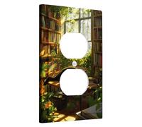 Cozy Cat in a Sunlit Library Light Switch Cover Plate, Green Indoor Plant Decor, Standard Size, Perfect for Home Office or Reading Nook Single Duplex Outlet