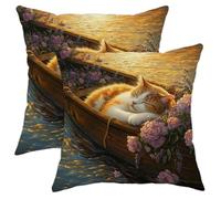 Cozy Cat Pillow Covers Set of 2, Ginger Tabby Cat in Flower Boat Throw Pillow Case, Spring Decorative Square Cottage Decor Cushion Covers for Home Sofa Bed Couch 16x16 Inch