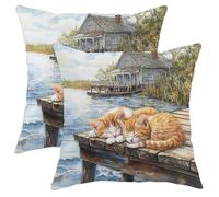 Cozy Cat Pillow Covers Set of 2, Orange Ginger Tabby Cats Artwork Throw Pillows Case, Seasonal Farmhouse Decorative Cushion Covers for Home Sofa Bed Couch 16x16 Inch