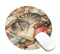 Cozy Cat Reading Mouse Pad, Warm Brown Tabby Cat on Book Design, Stitched Edge Mousepad, Rubber Non-Slip Washable Gaming Mouse Pad for Home and Office Computer, Laptop Round 8x8 Inch