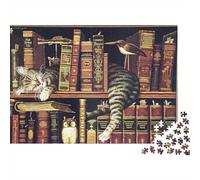 Cozy Cat Reading-Vintage Bookshelf Art 1000 Piece Puzzles for Adults with No Puzzle Dust Colourful Jigsaws for Anxiety Relief Games during Family Puzzle Night 70x50cm/1000pcs