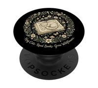 Cozy Cat Sleeping on Book Wildflower Wreath Botanical Art PopSockets Adhesive PopGrip