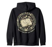 Cozy Cat Sleeping on Book Wildflower Wreath Botanical Art Zip Hoodie
