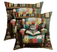 Cozy Cat Throw Pillow Covers Set of 2, Colorful Patchwork Cat Design Cushion Cases, Vintage Decorative Square Home Decor for Living Room Sofa 24x24 Inch