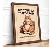 Cozy Cat with Tea Modern Framed Wall Art Print A1 (84.1×59.4cm) Walnut, Wall Decor for Living Room, Bedroom, Office & Home, Ready to Hang, Art Gift