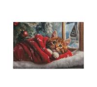 Cozy Christmas Cat in Red Blanket Wooden Jigsaw Puzzle Challenging and Educational Masterpieces Puzzle 500 Piecing