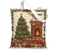 Cozy Christmas Fireplace Scene Tree Canvas Tote Bag 13x15 Inch | Warm Fireplace Illustration, Winter Botanical Borders, Nostalgic Seasonal Theme, Lightweight Fabric Construction