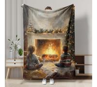 Cozy Christmas Flannel Blanket, Warm Winter Fireplace Scene Throw Blanket, Soft Festive Holiday Decor for Sofa, Bed, All Season 40x50 Inch