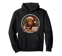 Cozy Christmas Highland Cow Santa Hat Hot Cocoa Cookies Pullover Hoodie