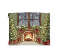 Cozy Christmas Makeup Bag, Vintage Holiday Cosmetic Travel Pouch for Women, Portable Small Canvas Zipper Organizer, Festive Skincare Toiletry Bag, Green, 7x9 Inch, Christmas